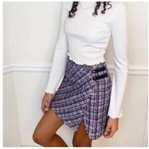 Urban Outfitters Huntley Wool Wrap Mini Skirt size S Plaid Motif Blue NWT